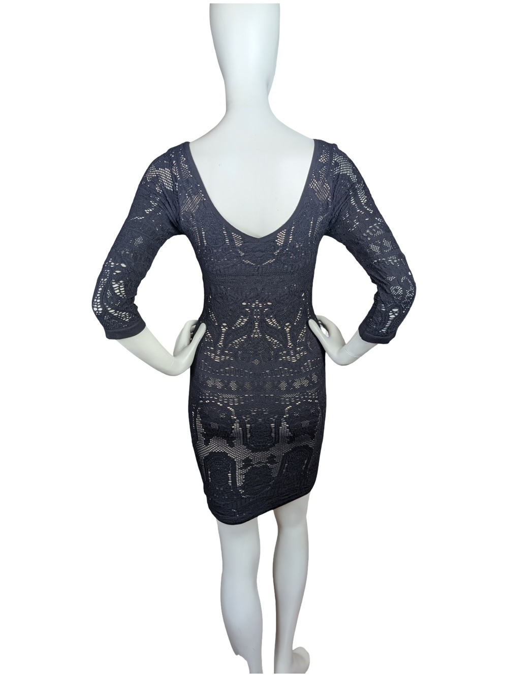 Vintage Y2K bebe Made USA Black Lace Nude Lined Bodycon Bombshell Dress M/L - Picture 7 of 9